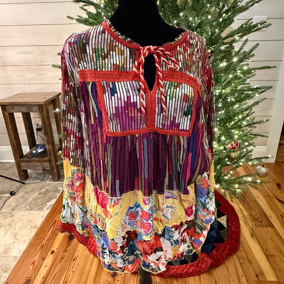 John Mark Tunic Top 1X  Artsy Boho Oversized Flowy Floral Patch - Picture 2 of 15